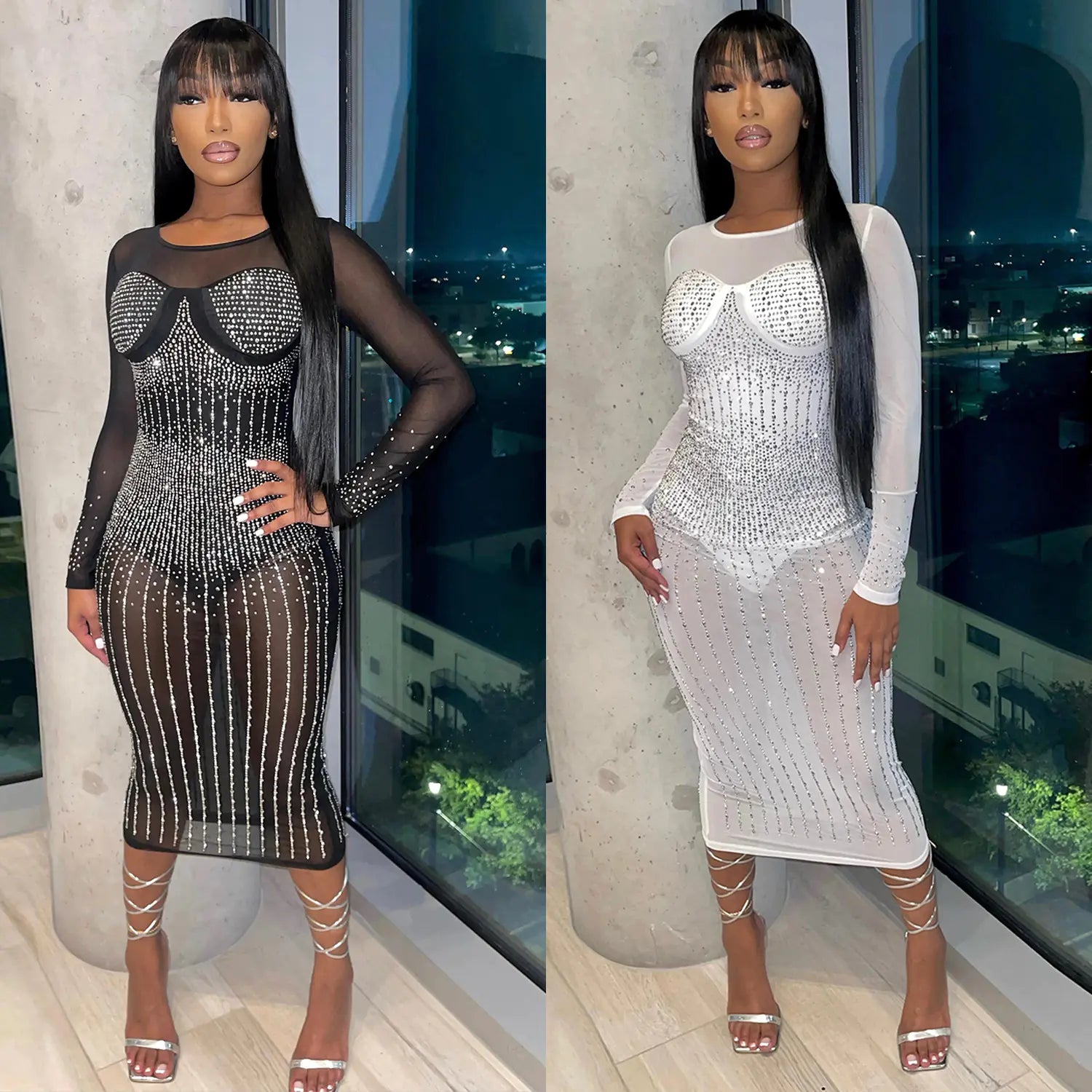 Long Sleeve Mesh Jumpsuit Dress