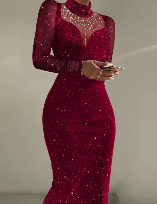Hot Drilling Dress with Mesh Stitching Design