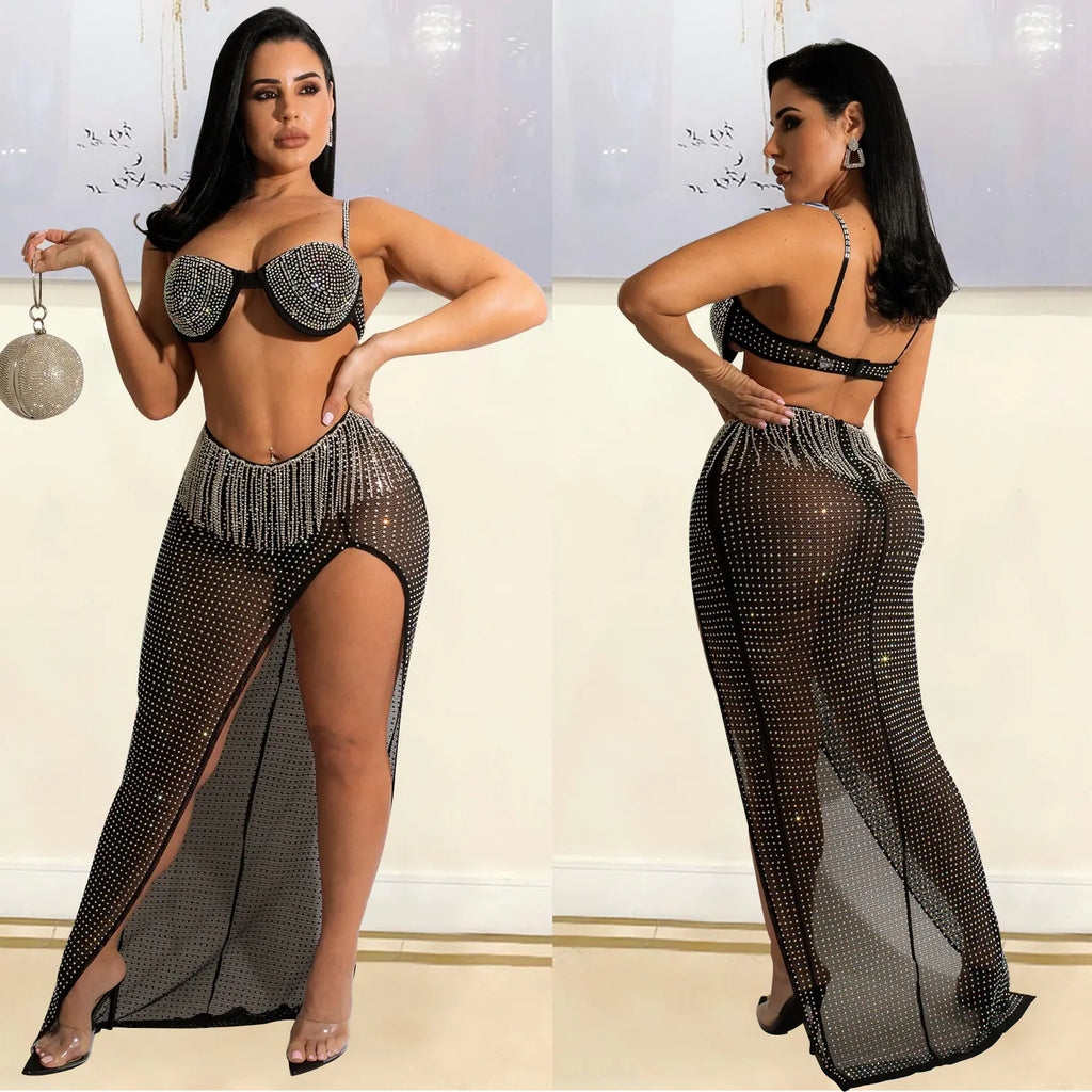 Women's Rhinestone Tassel Mesh Dress