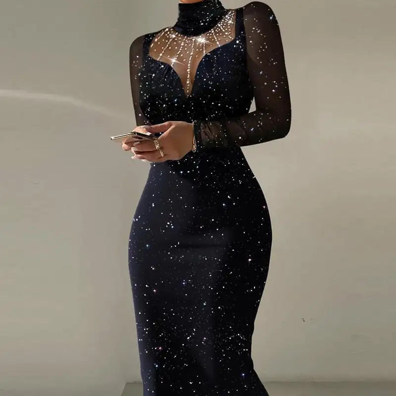 Hot Drilling Dress with Mesh Stitching Design