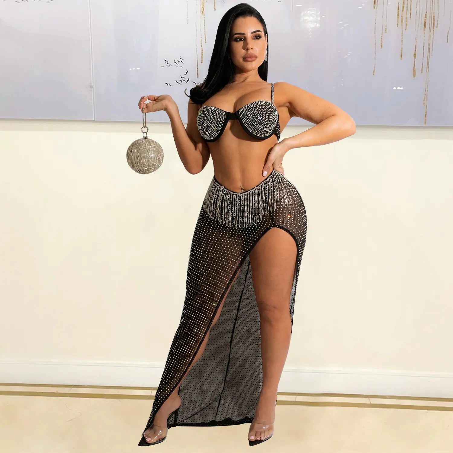 Women's Rhinestone Tassel Mesh Dress
