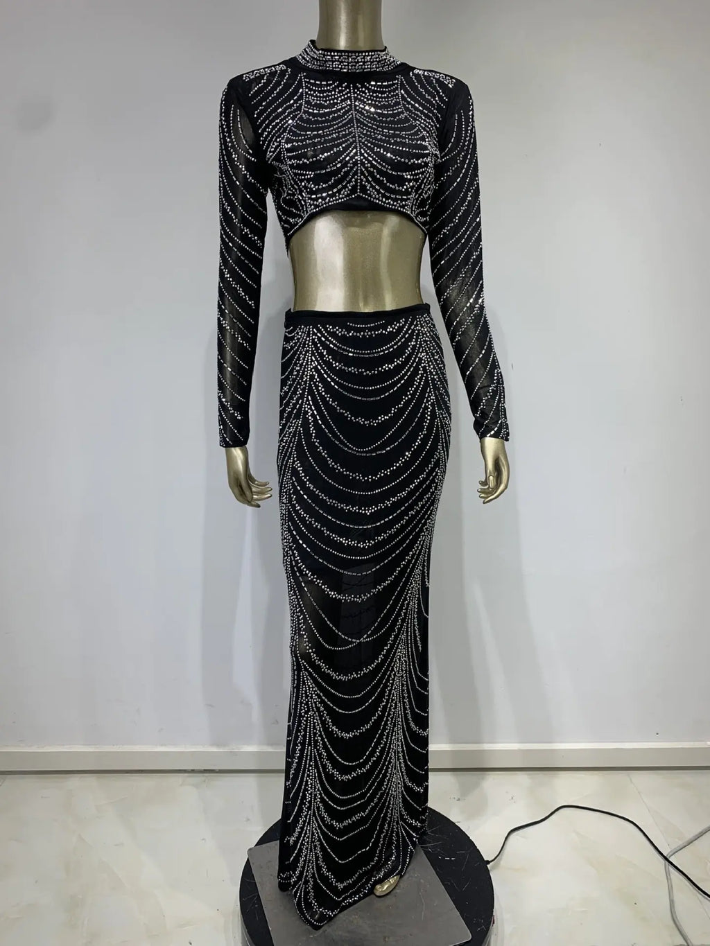 Rhinestone Sheer Top with High Waist Skirt Set