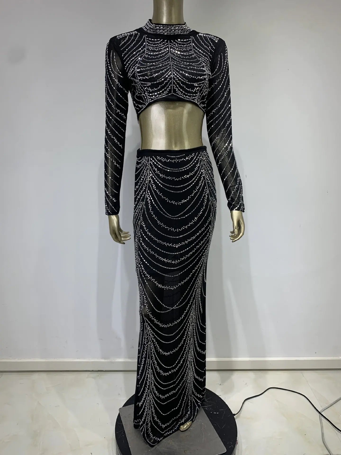 Rhinestone Sheer Top with High Waist Skirt Set