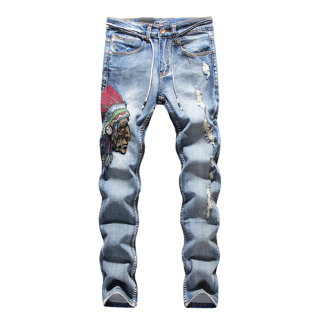 Embroidered Frayed Jeans for Men