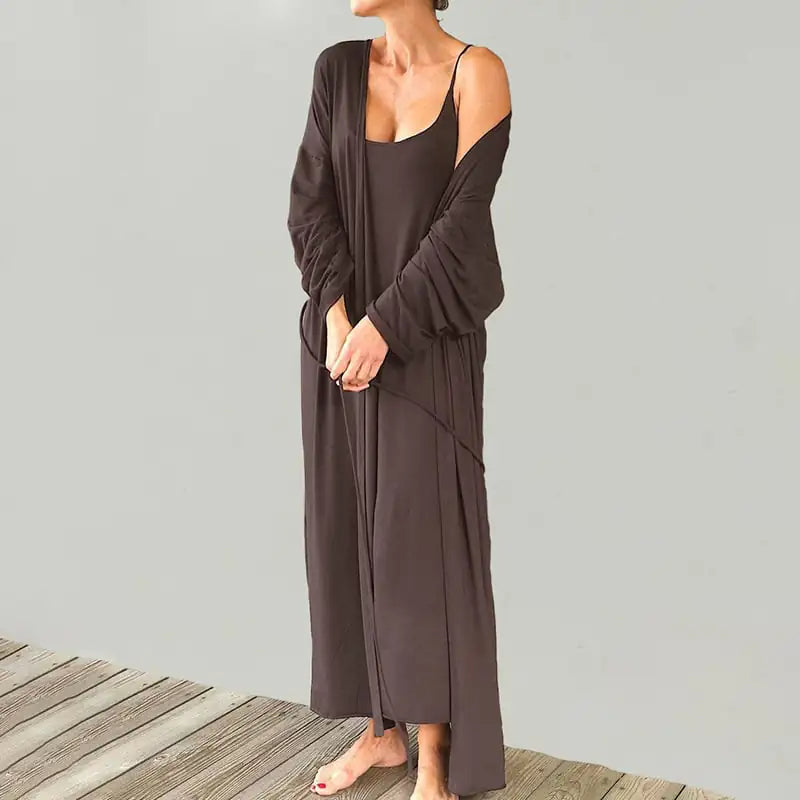 Fashionable Long Sleeve Knitted Slip Nightgown Set